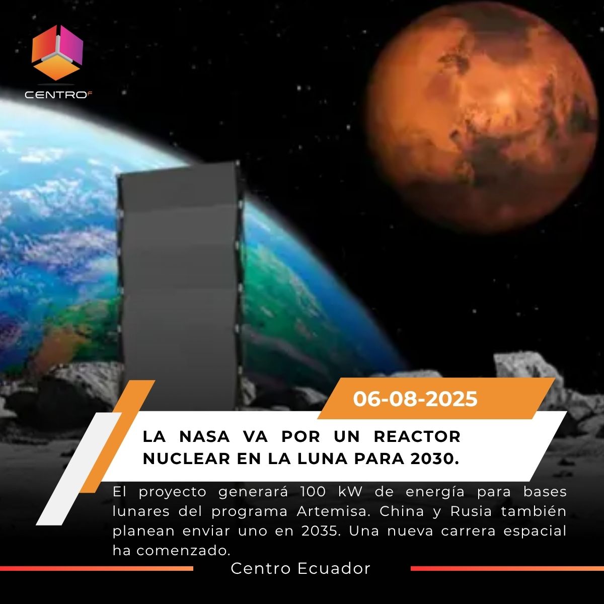 NASA acelera reactor nuclear lunar para 2030